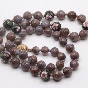 Antique Art Deco Sterling Silver Vermeil Brown Agate Cloisonne´ Knotted Necklace